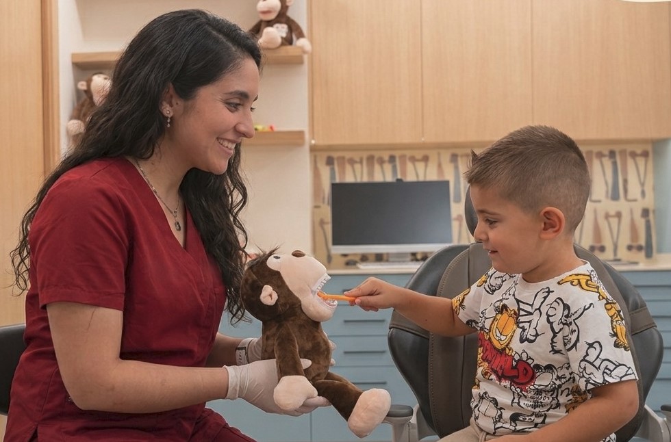 dra carolina con niño limpiando caries